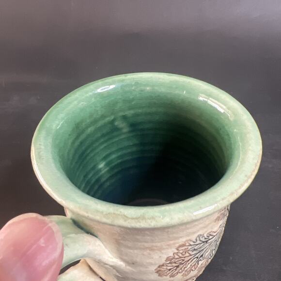 Handmade Stoneware Mug Leaf Motif Dragonfly Thistle Stained Artisan Pottery - Picture 8 of 11